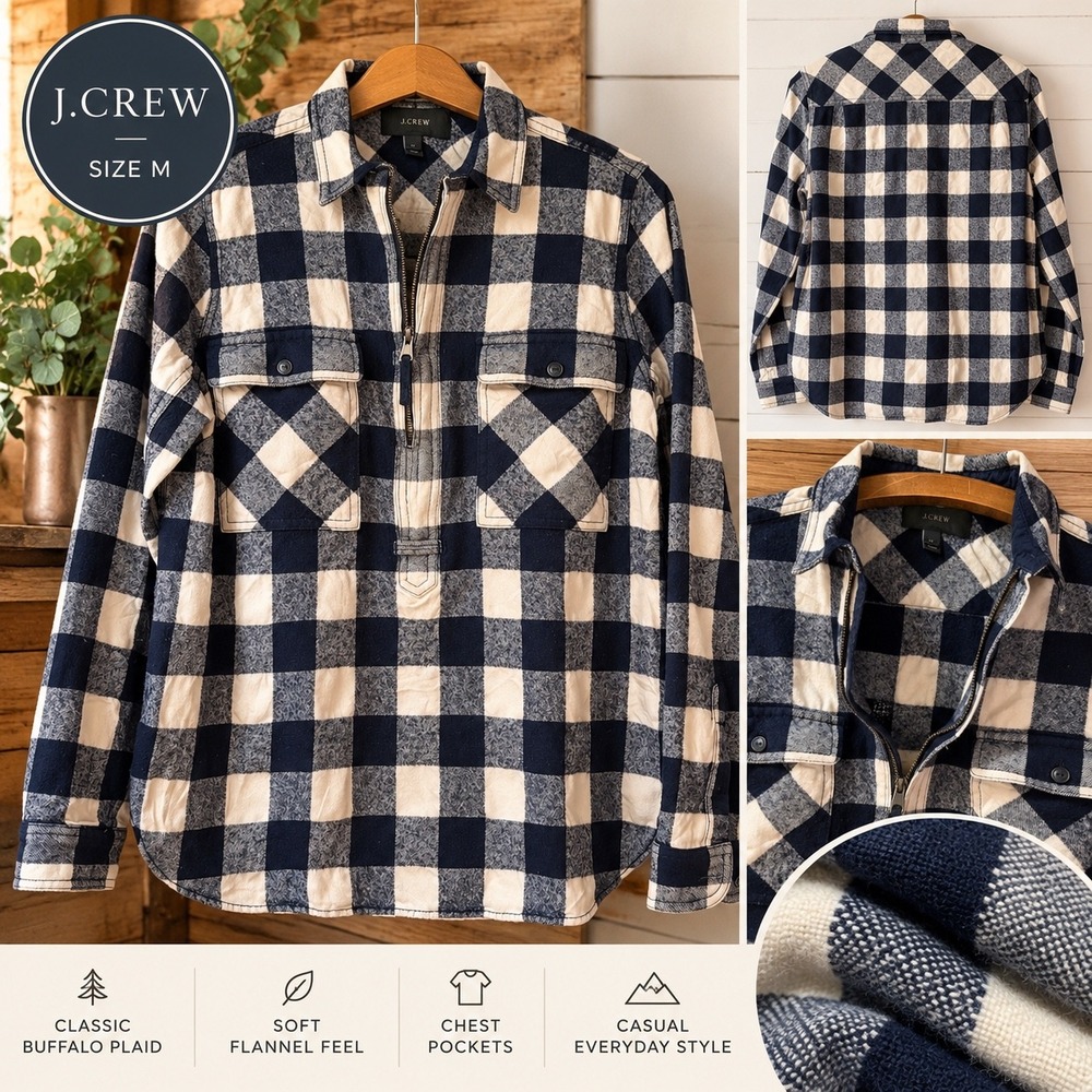 J.Crew Navy Cream Buffalo Plaid Wool Blend Half Zip Flannel Pullover Shirt M